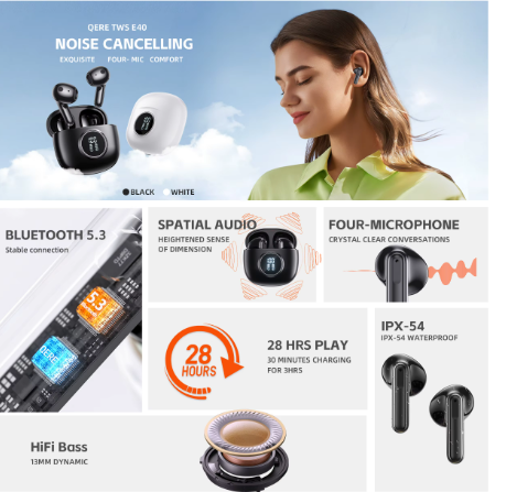 QERE-E40 Wireless Headphones, Bluetooth Earphones, 5.3,TWS HD Microphone, 13mm Driver,60ms Low Latency,4 Mics, ENC Call, New